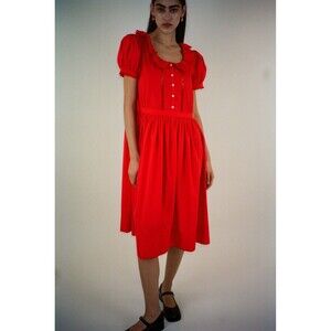 Sandy Liang Middy Midi Dress Floral Lace Ruffle Pintuck Red Cotton S 289545